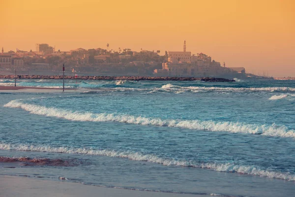 Vista Ciudad Vieja Jaffa Hermosa Puesta Sol Sobre Mar Mediterráneo —  Fotos de Stock