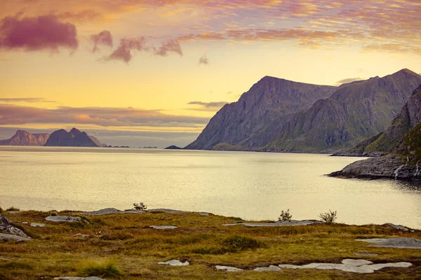 地平線上の島 海の岩夕方のフィヨルドの美しい岩の海岸 野生の自然ノルウェー グラデーションカラー — ストック写真