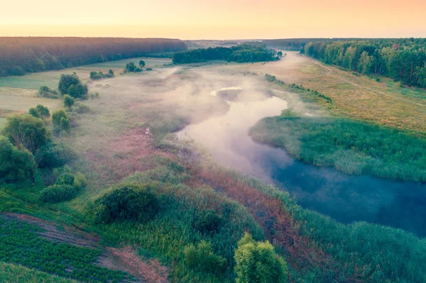 Luftaufnahme Von Landschaft Und Fluss Frühen Nebligen Morgen Bäume Entlang — Stockfoto