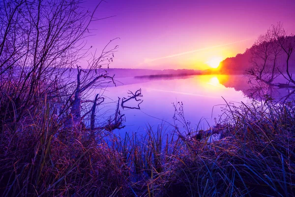 Amanecer Púrpura Mágico Sobre Lago Mañana Brumosa Paisaje Rural — Foto de Stock