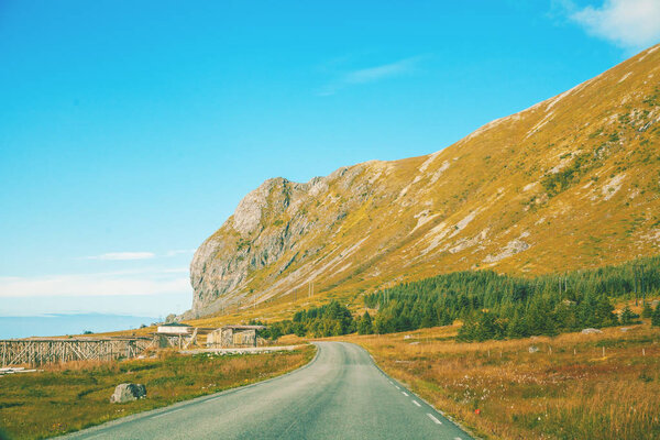 The road along the fjord. Lofoten islands, Norway, Europe