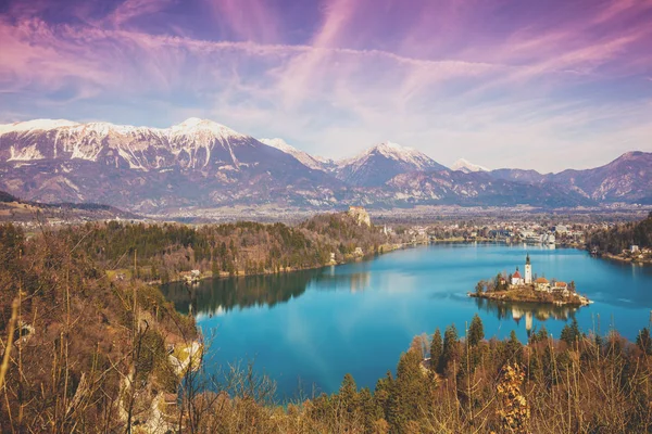 Bled Lake Início Primavera Nascer Sol Eslovénia Europa — Fotografia de Stock