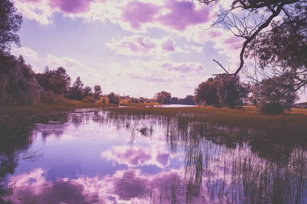 Rural Landscape Lake Reflection Beautiful Cloudy Sky Sunset Lake — Stock Photo, Image