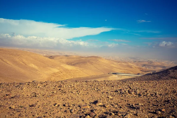 Mountain desert landscape. View of the valley from the mount. Desert in the early morning. The Judaean Desert. Landscape in Dead Sea region. Nature Israel