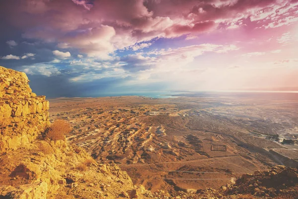 Montaña Naturaleza Paisaje Vista Del Valle Mar Muerto Desde Masada — Foto de Stock