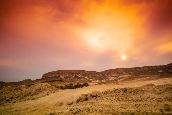 Mountain nature landscape. Desert in the evening. Orange sunset in mountains. The Judaean Desert. View of the valley with mountains. Nature Israel.