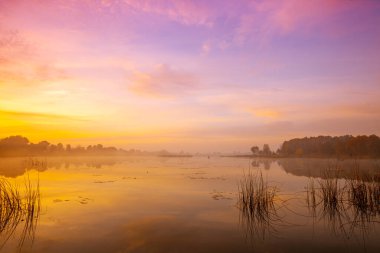 Gölün üzerinde sihirli gün doğumu. Puslu bir sabah, kırsal alan, vahşi doğa, mistik bir his. Sihirli ışıkta huzur gölü