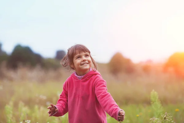 Szczęśliwa Dziewczynka Spaceruje Łące Słoneczny Dzień — Zdjęcie stockowe