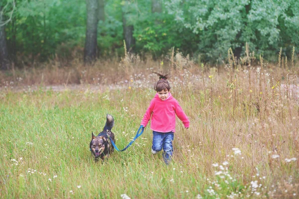 Parkta Köpekle Koşan Küçük Bir Kız Köpeği Tasmalı Tutuyor — Stok fotoğraf