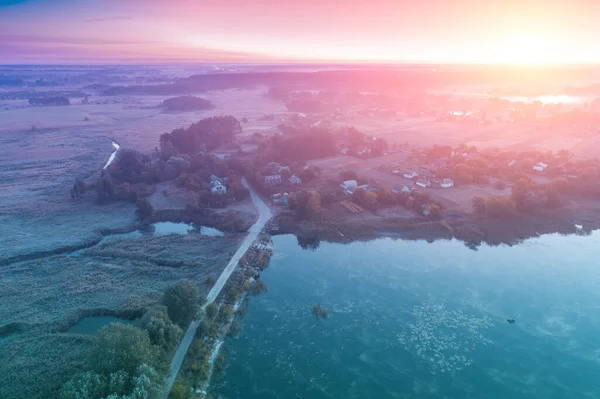 Kouzelný Východ Slunce Venkově Venkovská Krajina Ránu Letecký Pohled Řeku — Stock fotografie