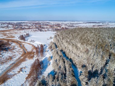 Kış kırsal arazisi. Hava görüntüsü. Kışın çam karlı orman. Çayırdaki Brook. Doğa arkaplanı