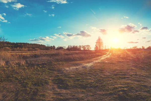 Rural Dirt Road Field Bright Sunset Sky — Stock Photo, Image