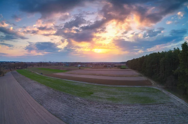 Sonnenuntergang Auf Dem Land Ländliche Landschaft Zeitigen Frühling Luftaufnahme — Stockfoto