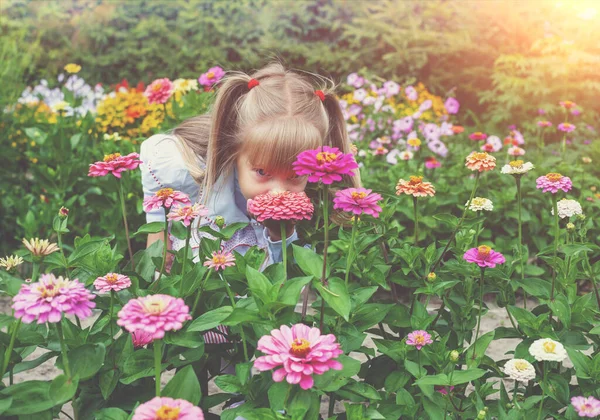 Bir Yaz Bahçesinde Çiçeklerin Arasında Saklanan Küçük Kız — Stok fotoğraf