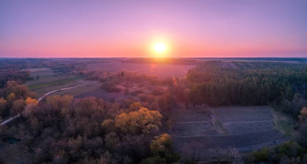 Вид Висоти Села Ввечері Рожеве Небо Заході Сонця — стокове фото