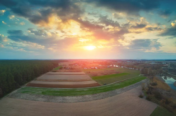 Sonnenuntergang Auf Dem Land Ländliche Landschaft Zeitigen Frühling Luftaufnahme Des — Stockfoto