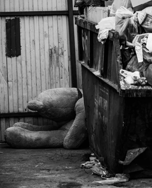 Lata Lixo Com Ursinho Pelúcia Que Baixou Cabeça — Fotografia de Stock