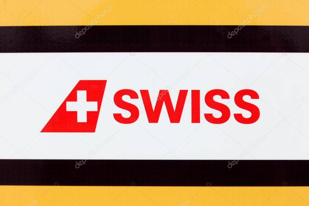 Colombier-Saugnieu, France - March 22, 2018: Swiss International Air Lines logo on a panel. Swiss is the flag carrier and largest airline of Switzerland