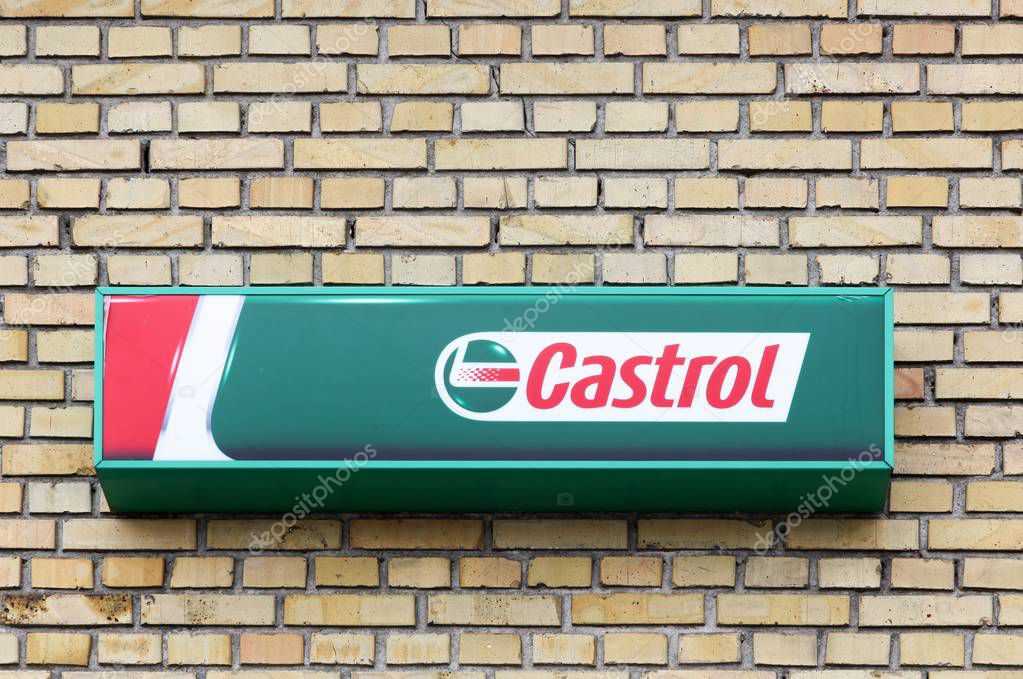 Tilst, Denmark - May 10, 2018: Castrol logo on a wall. Castrol is a British global brand of industrial and automotive lubricants offering a wide range of oils and greases