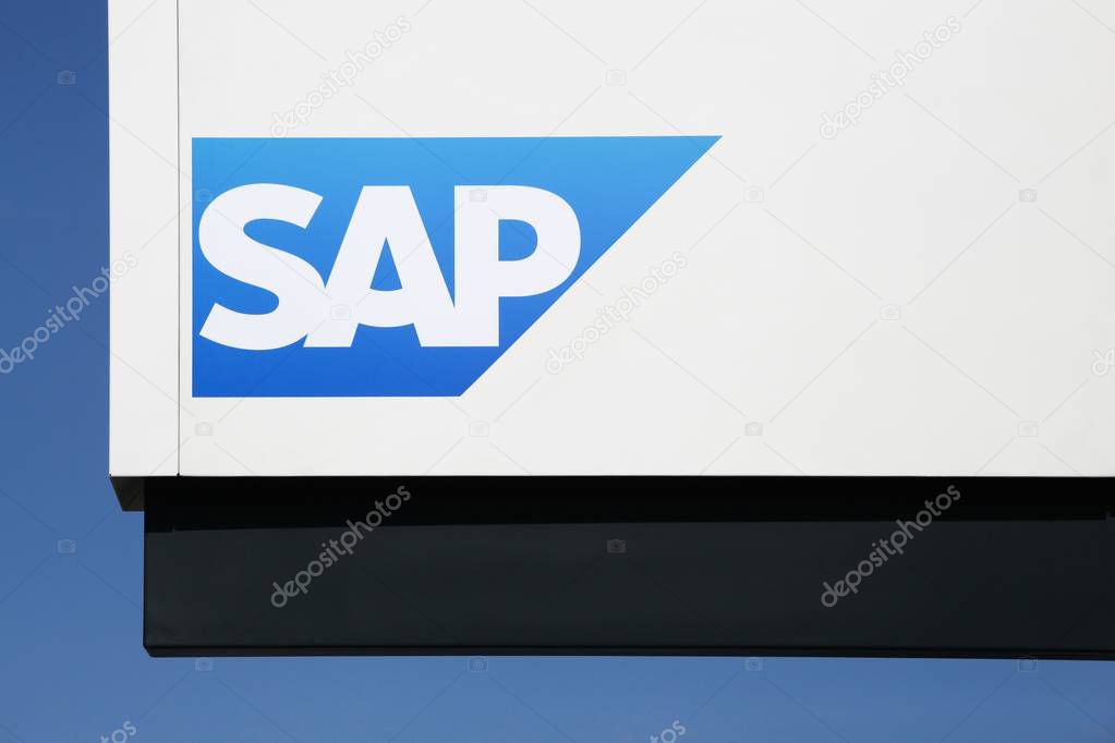 Aarhus, Denmark - August 7, 2018: SAP logo on a wall. SAP is a European multinational software corporation that makes enterprise software to manage business operations and customer relations