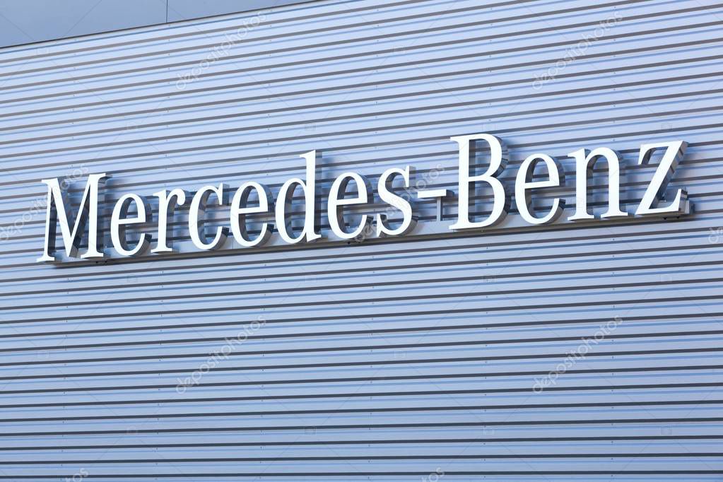 Saint Priest, France - September 8, 2018: Mercedes-Benz logo on a wall. Mercedes-Benz is a german automobile manufacturer, a multinational division of the german manufacturer Daimler AG