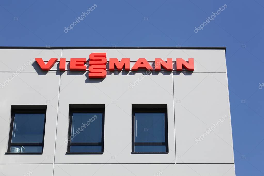 Saint Priest, France - September 8, 2018: Viessmann office building in France. The Viessmann Group is an international manufacturer of heating, industrial, and refrigeration systems