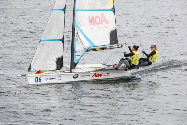 Aarhus Dinamarca Agosto 2018 Velero Autrian 49Er Durante Campeonato Mundial — Foto de Stock