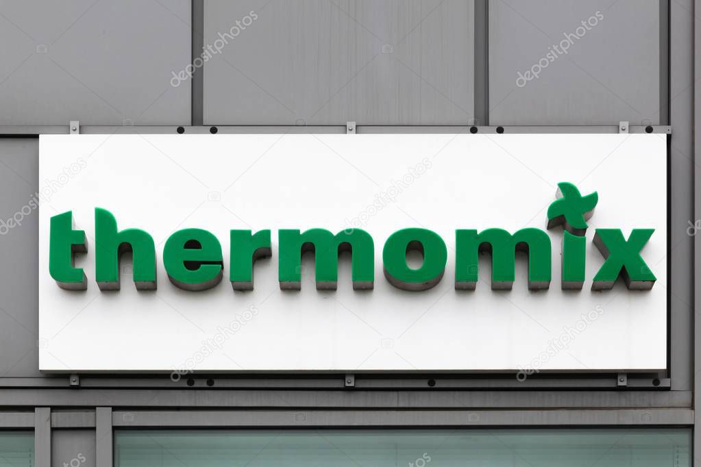Arnas, France - March 18, 2018: Thermomix sign on a wall. The Thermomix is a kitchen appliance made by the Vorwerk Corporate Group