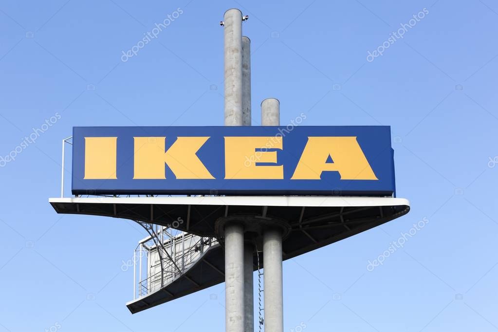 Stuhr, Germany - September 1, 2018: IKEA sign on a pole. IKEA is a multinational group of companies that designs, sells ready to-assemble furniture. IKEA owns and operates 353 stores in 46 countries