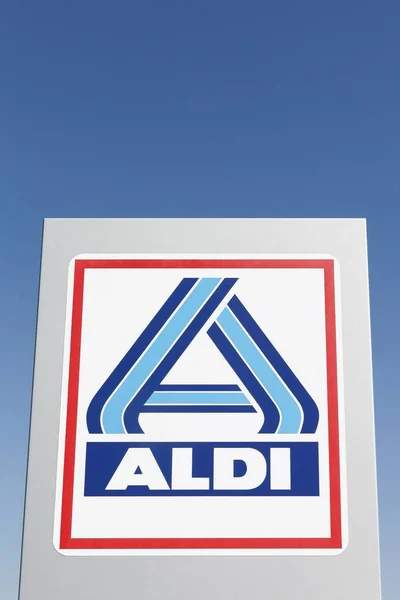 Aalborg Danimarca Maggio 2016 Logo Aldi Pannello Aldi Una Catena — Foto Stock