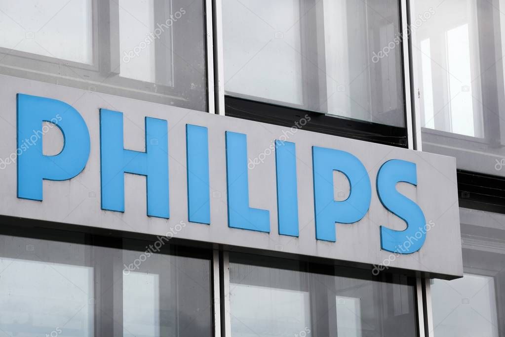 Cologne, Germany - July 2, 2017: Philips logo on a wall. Philips is a Dutch technology company headquartered in Amsterdam with primary divisions focused in the areas of electronics, healthcare and lighting