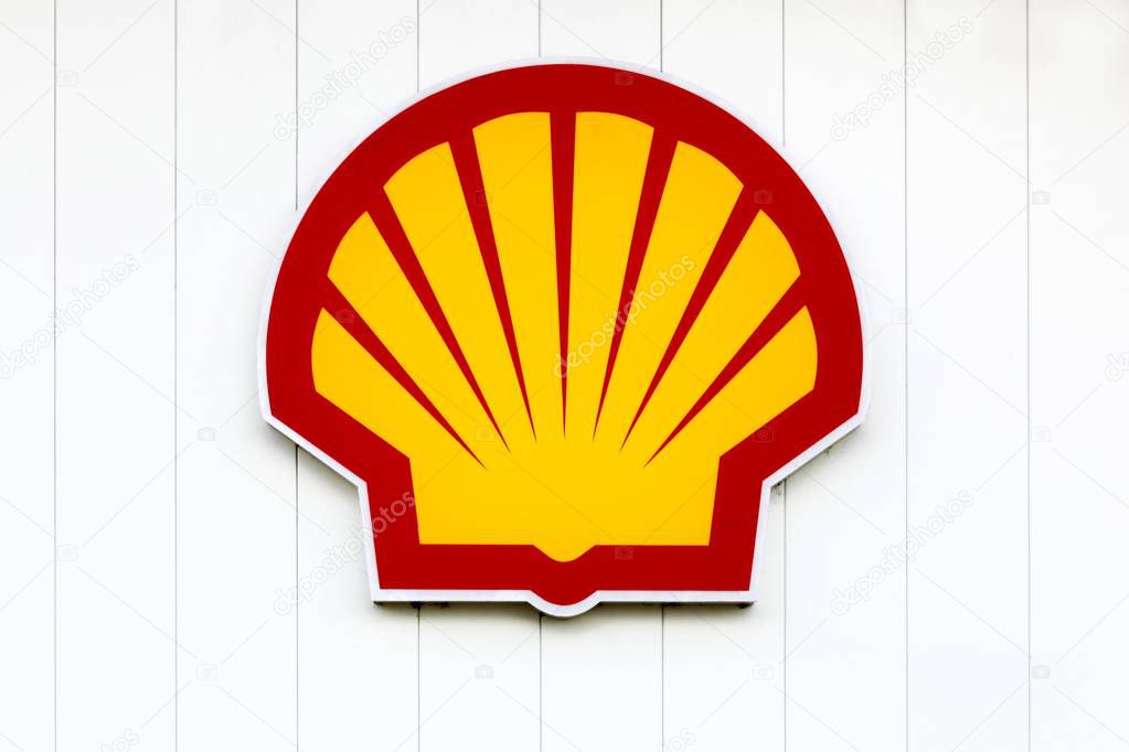 Macon, France - June 22, 2019: Shell logo on a gas station. Shell is an Anglo-Dutch multinational oil and gas company headquartered in the Netherlands