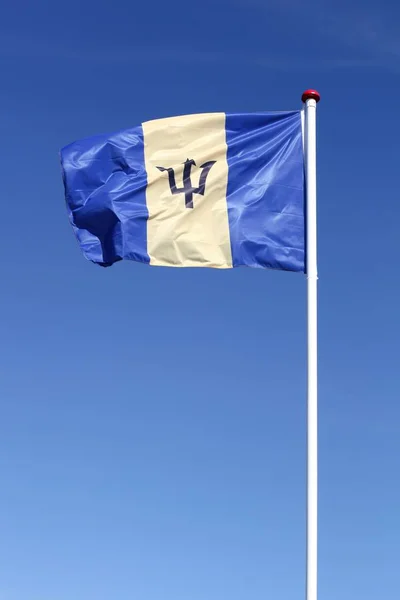 巴巴多斯国旗在天空中飘扬 — 图库照片