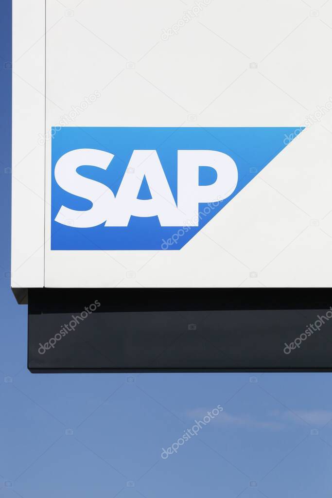 Aarhus, Denmark - August 7, 2018: SAP logo on a wall. SAP is a European multinational software corporation that makes enterprise software to manage business operations and customer relations