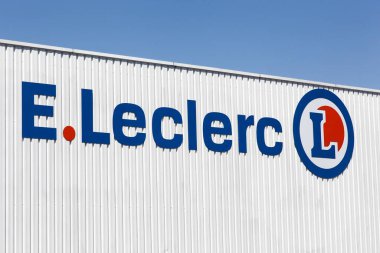 Decines, France - June 13, 2019: Leclerc logo on a wall. Leclerc is a French hypermarket chain. Leclerc currently has more than 500 locations in France and more than 110 stores in Europe