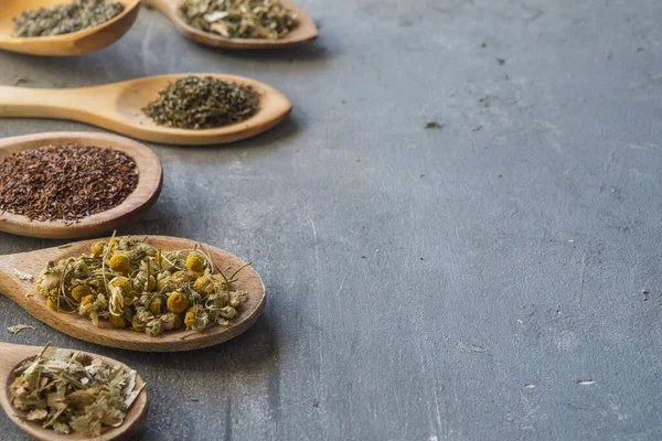 herbs with wooden spoon in gray slate background