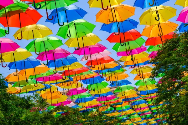 Mooie Weergave Van Kleurrijke Hangende Parasols Een Buiten Plaza Miami — Stockfoto