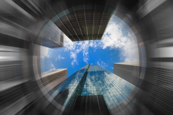 Skyward Fish Eye View Downtown Skyscrapers Motion Blur Selective Black — Stock Photo, Image
