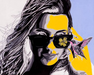 Oil on canvas modern conceptual art portrait painting of a beautiful young woman with sunglasses observing a hummingbird. clipart