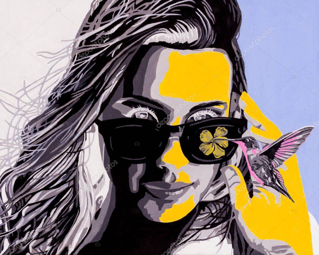Oil on canvas modern conceptual art portrait painting of a beautiful young woman with sunglasses observing a hummingbird.