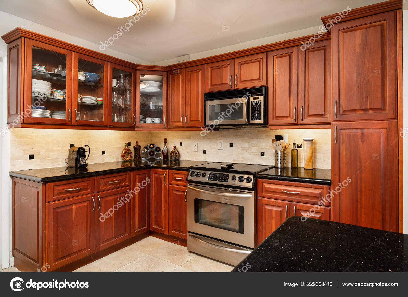 Traditional Cherry Wood Cabinet Home Kitchen Black Granite