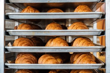 Trays of freshly baked croissants in a bakery. clipart