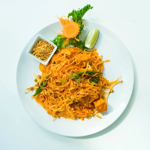 Close View Pad Thai Noodle Dish Fried Tofu Served White — Stock Photo, Image