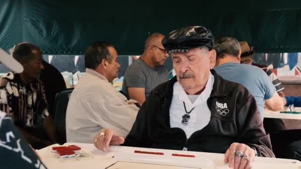 迈阿密 佛罗里达州 Usa 2019年1月19日 老年人在小哈瓦那具有历史意义的多明诺公园玩流行多米诺骨牌游戏的高清视频 — 图库视频影像