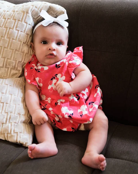 Beautiful Three Month Old Baby Girl Portrait Sitting Sofa Home — Stock Photo, Image