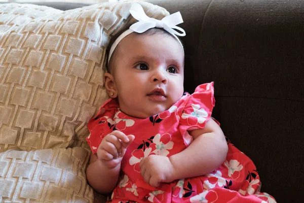 Beautiful Three Month Old Baby Girl Portrait Sitting Sofa Home — Stock Photo, Image