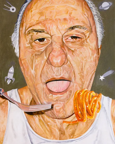 Modern conceptual art portrait painting of a man eating spaghetti in outer space.