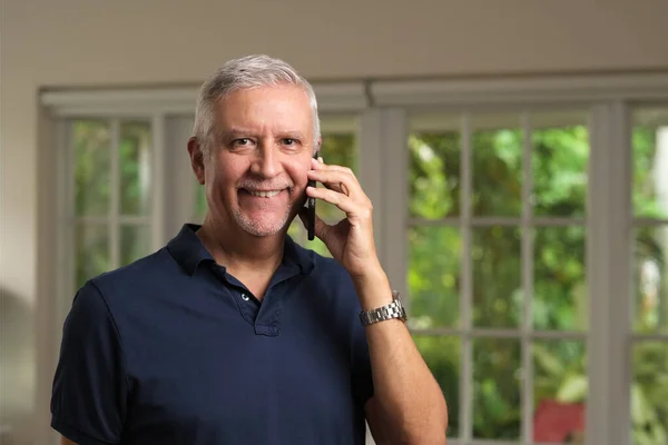 Handsome Senior Man Portrait Home Setting Holding Cell Phone — Stock Photo, Image