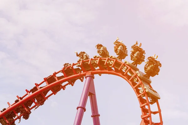 Roller coaster in the amusement park with the sunset background.