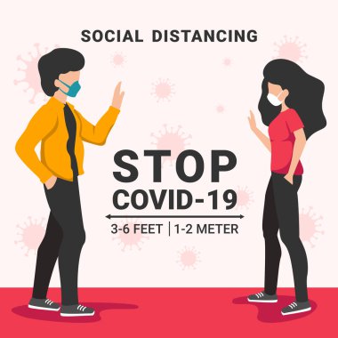Sosyal mesafeli vektör illüstrasyonu, sosyal mesafeler, Covid-19 'dan korumak için kamu toplumu insanlarına mesafeyi koru